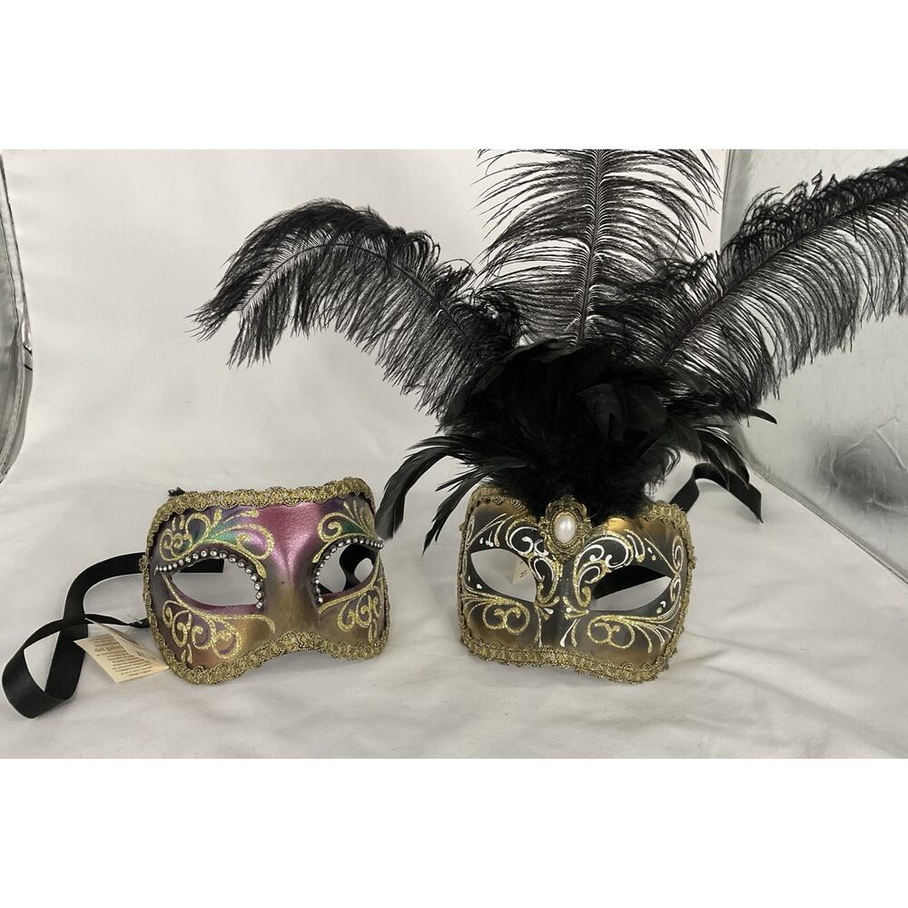 2 MASCHERA DEL GALEONE VENETIAN MASKS PURPLE BLACK FEATHERS
